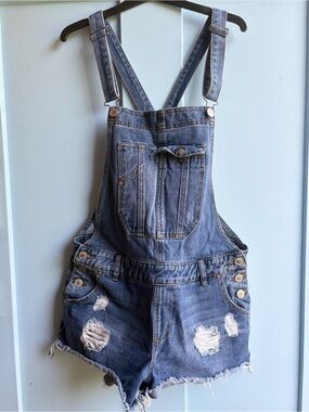 Denim Short Overalls - Distressed Blue